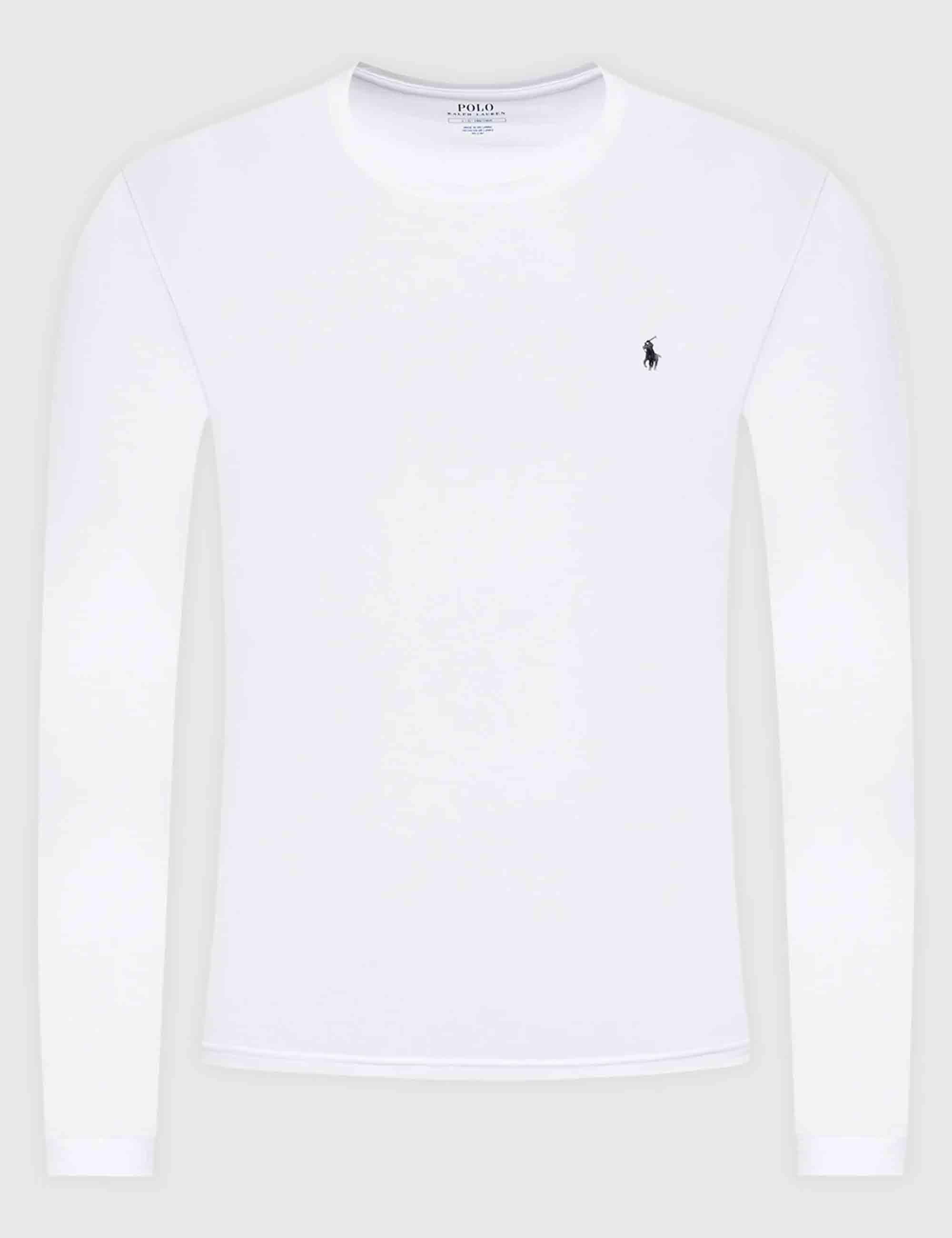 T-shirt uomo Crew in cotone bianco con logo ricamato e maniche lunghe 714844759004 WHITE Polo Ralph Lauren 