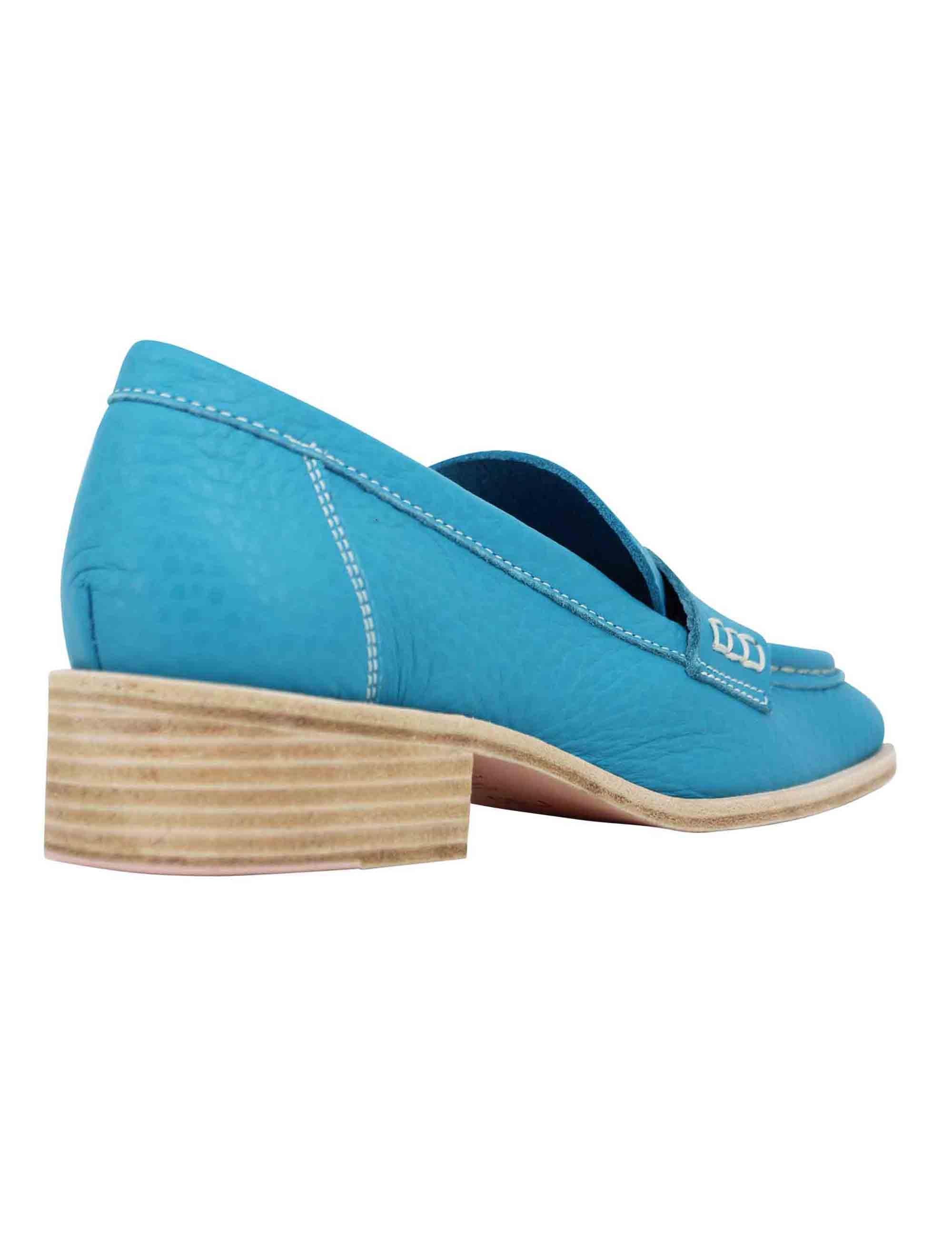 Mocassini donna in pelle celelste con vaschettone e suola in cuoio 7650 002 Ras 