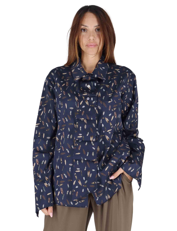 Camicie donna in cotone blu a fantasia con rouches 3W25-CANNA PIUMA NIGHT TreBarraBi 