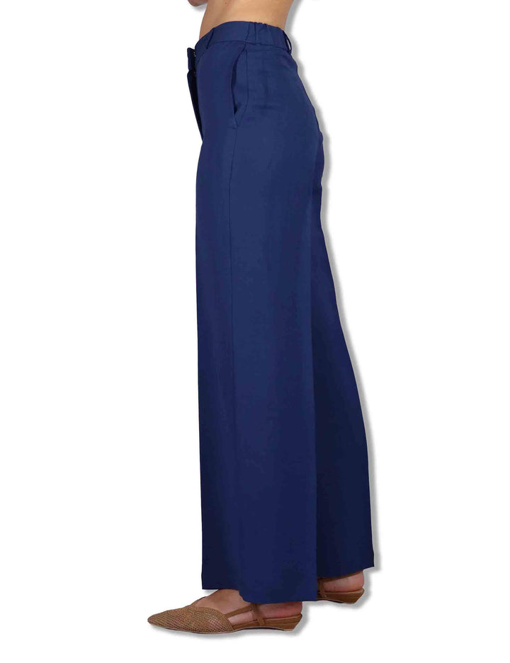 Pantaloni donna Timeless in lino blu a gamba larga e tasche laterali JH803340106 80049 Maliparmi 