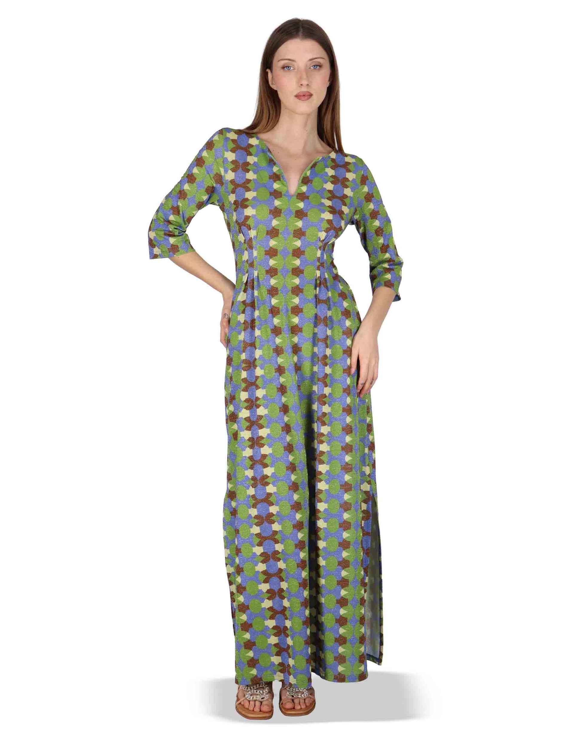 Abiti donna Long Kaftan in tessuto turchese a fantasia e maniche 3/4 JFAAB0001-F1506-1261 6090 Justmine 