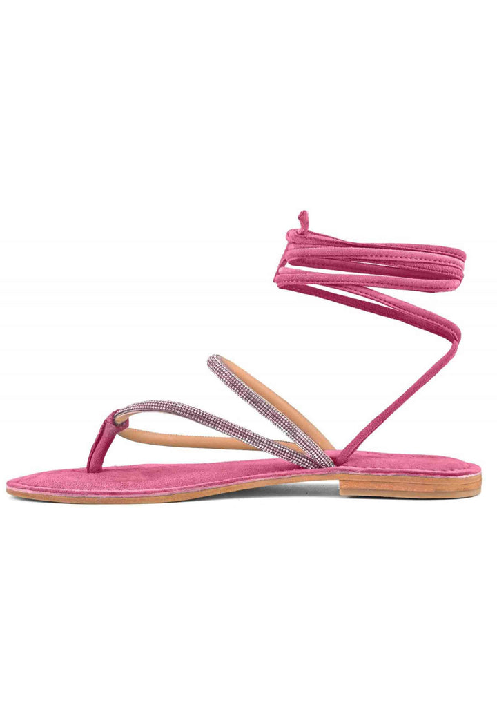 Sandali flat donna infradito in camoscio fuxia con strass e lacci alla caviglia 223019 FUX Coral Blue 