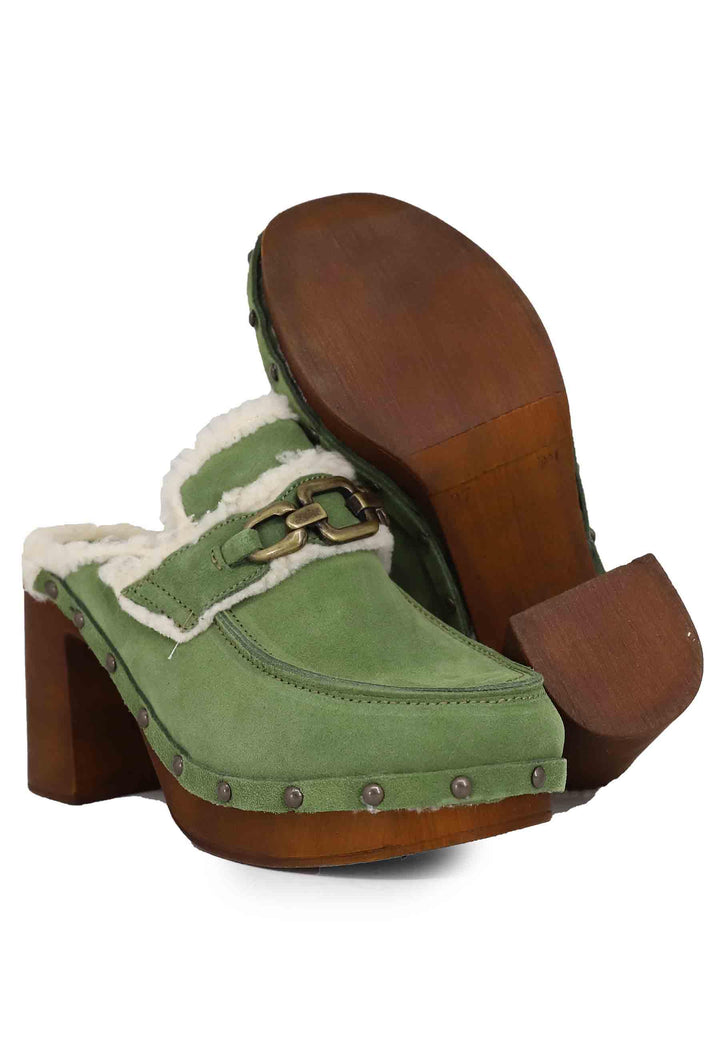 Zoccoli donna in camoscio verde con fodera in eco fur e tacco alto 8850 005 Glove 