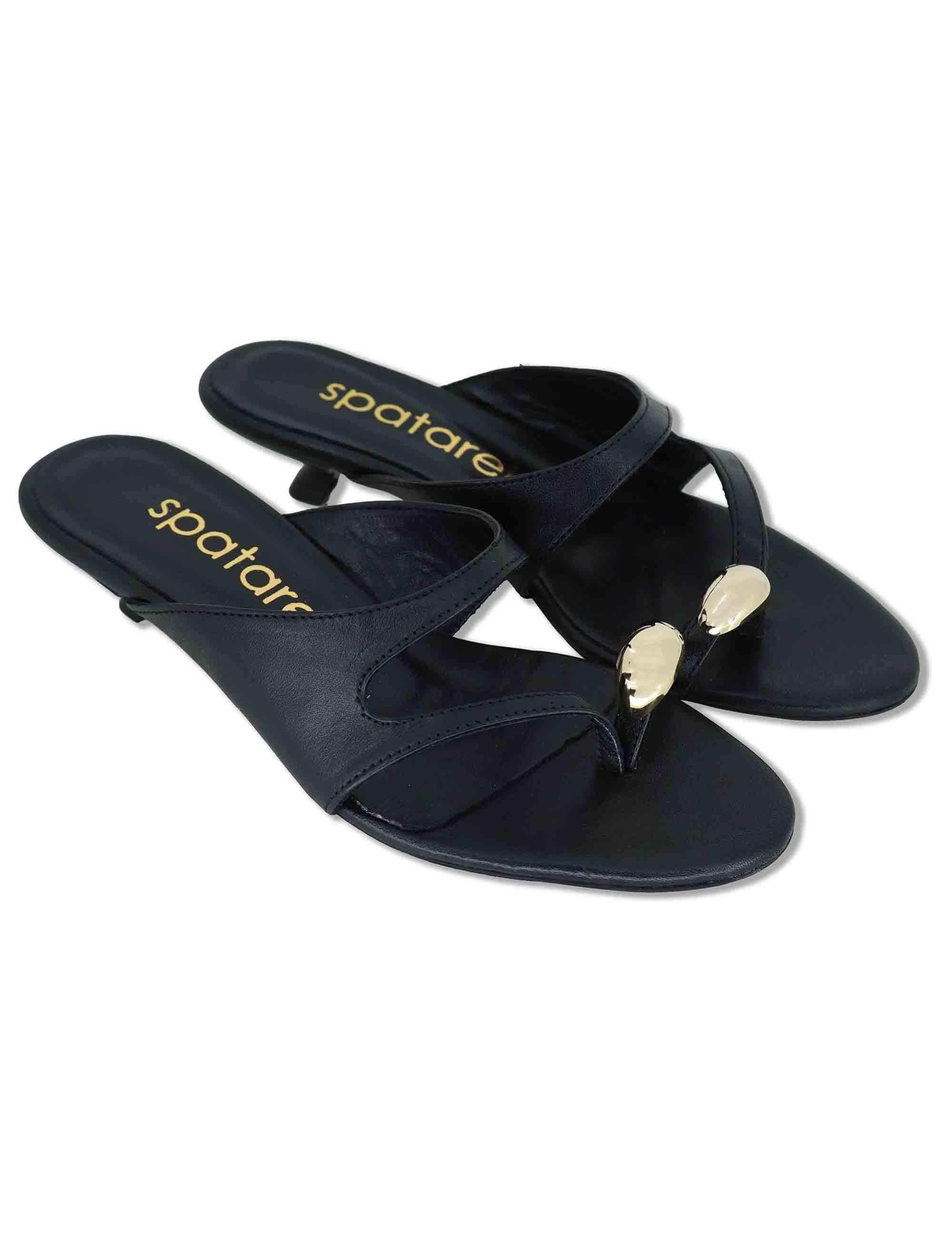 Sandali donna infradito in pelle nero con anello oro e tacco basso SP261650 001 Spatarella 