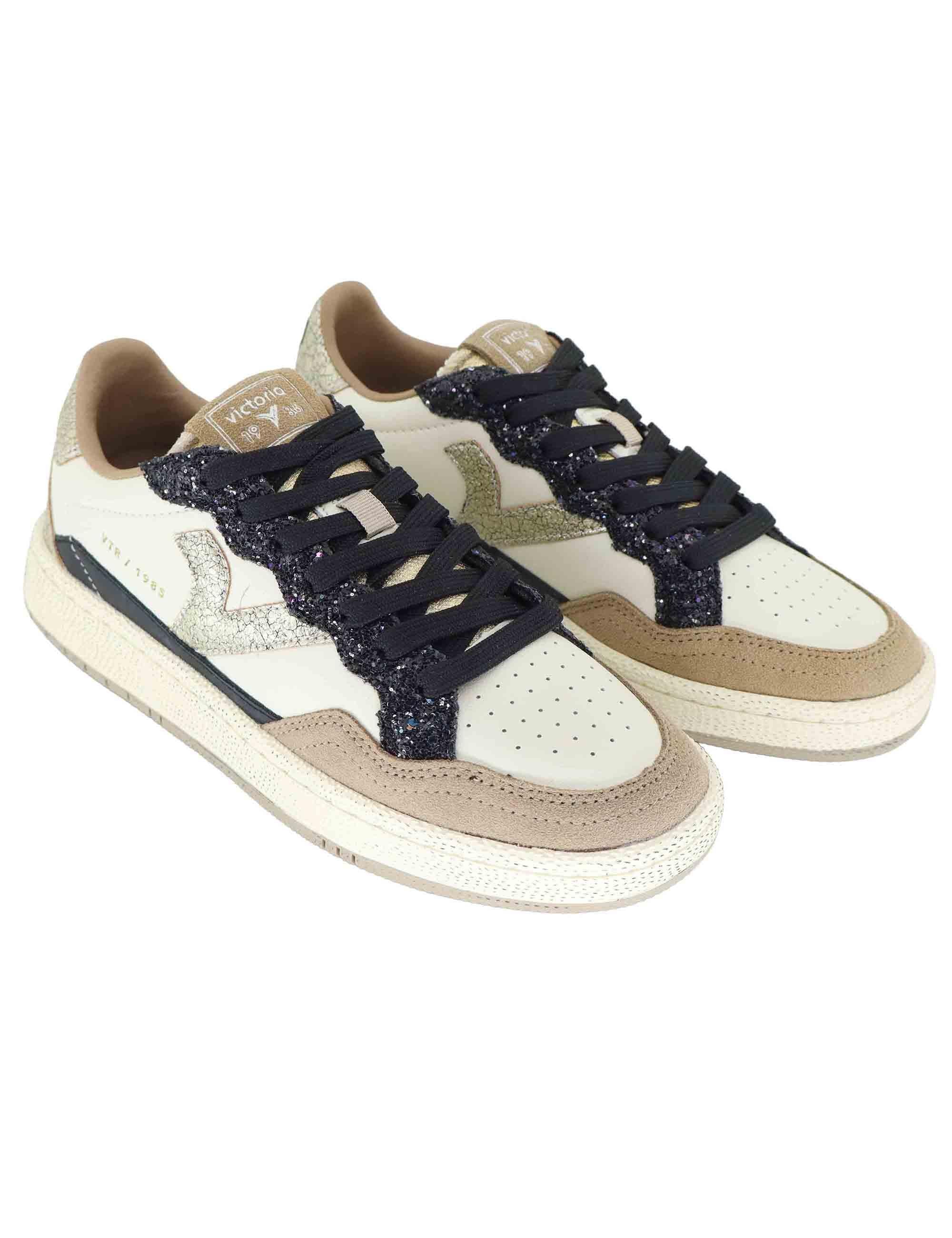 Sneakers donna in pelle taupe con logo in oro 8806113 Taupe Victoria 