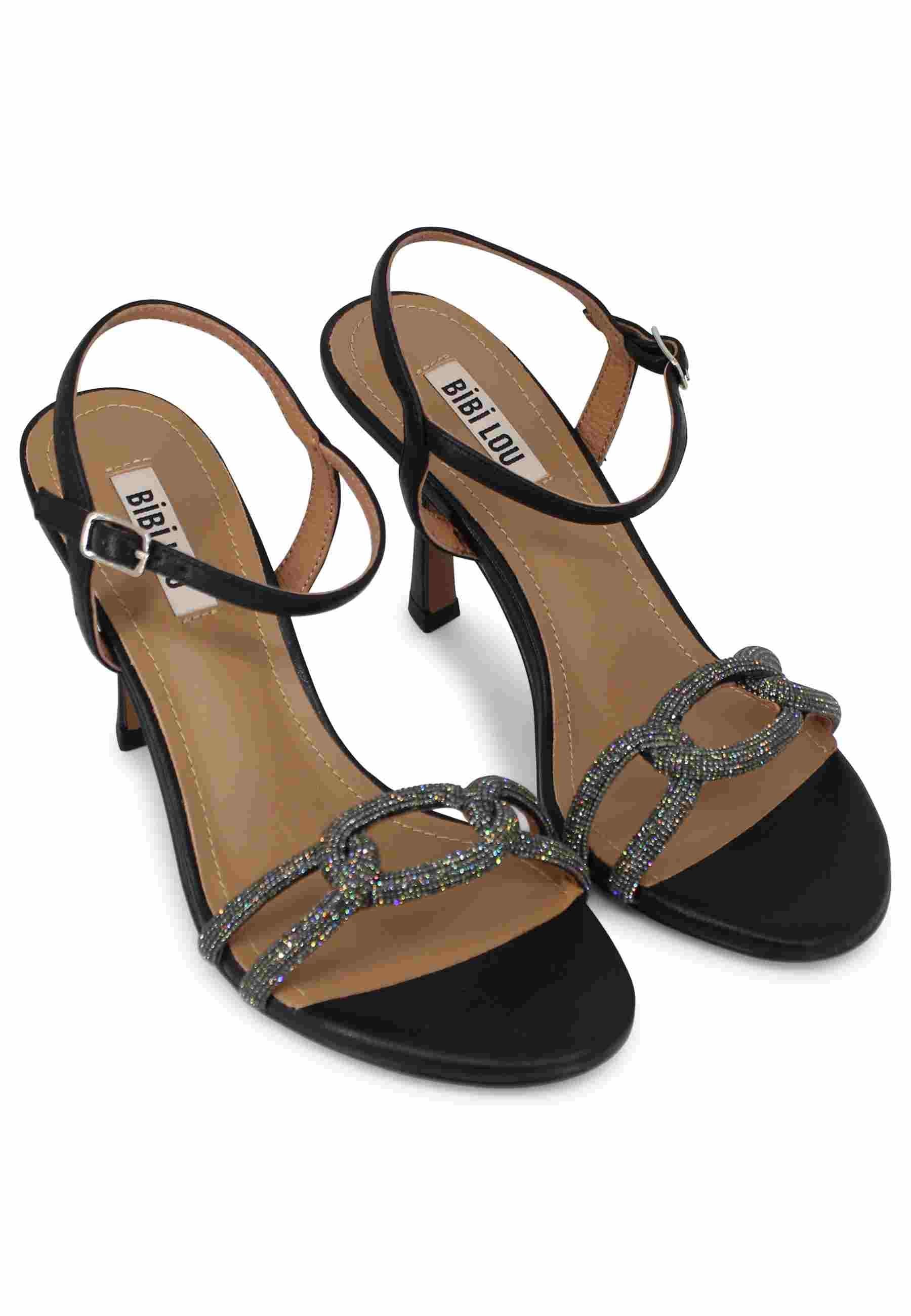 Sandali donna Katia in pelle nera tacco alto con strass e cinturino alla caviglia 599Z10VK 001 Bibi Lou 