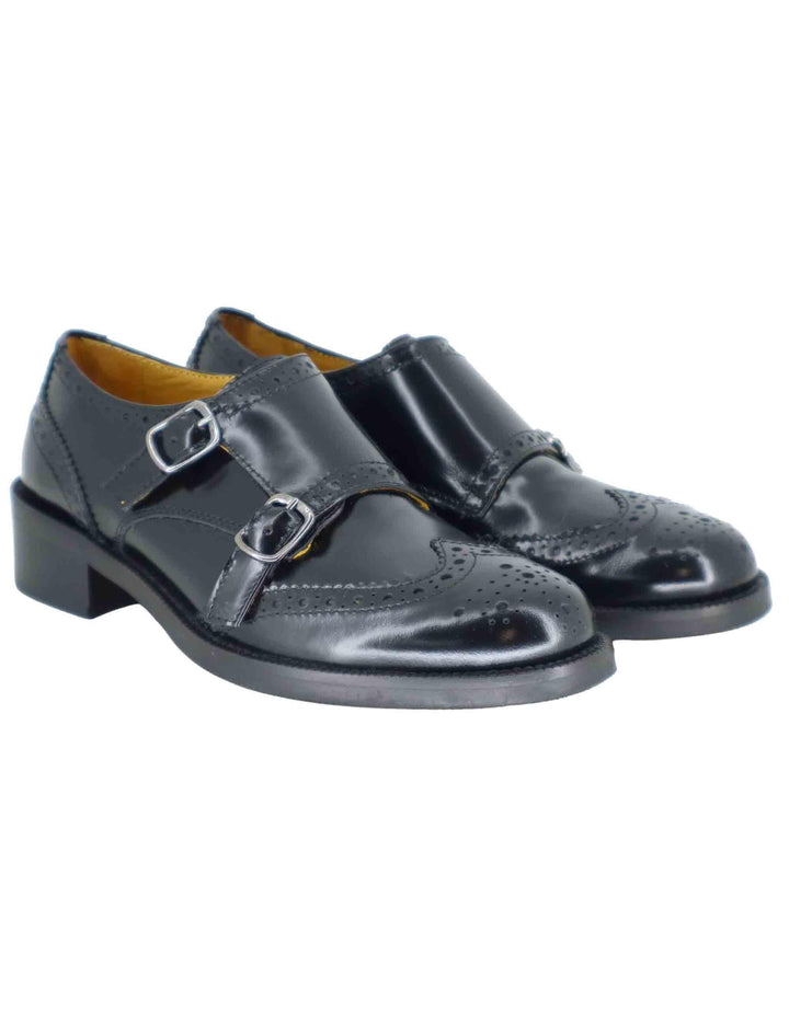 Mocassini donna in pelle nera lucida con doppia fibbia laterale SP9602 001 Spatarella 