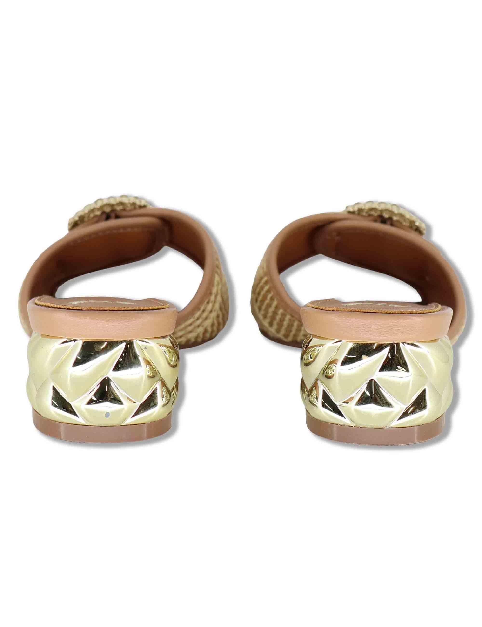 Sandali donna in rafia naturale con fibbia gioiello e tacco oro W4700410 25G0 Exe 