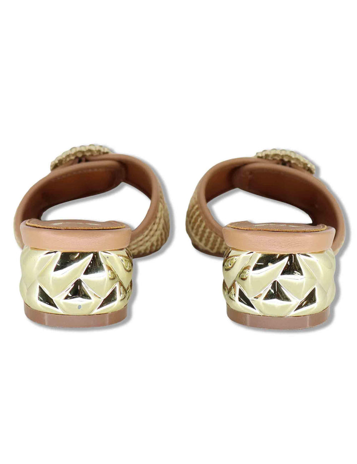 Sandali donna in rafia naturale con fibbia gioiello e tacco oro W4700410 25G0 Exe 