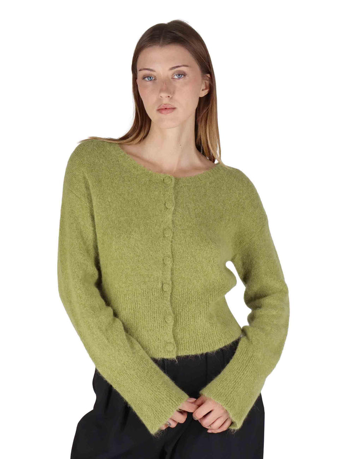 Cardigan donna in lana alpaca verde a girocollo con bottoni in tinta JABMF0025-G073 7013 Justmine 