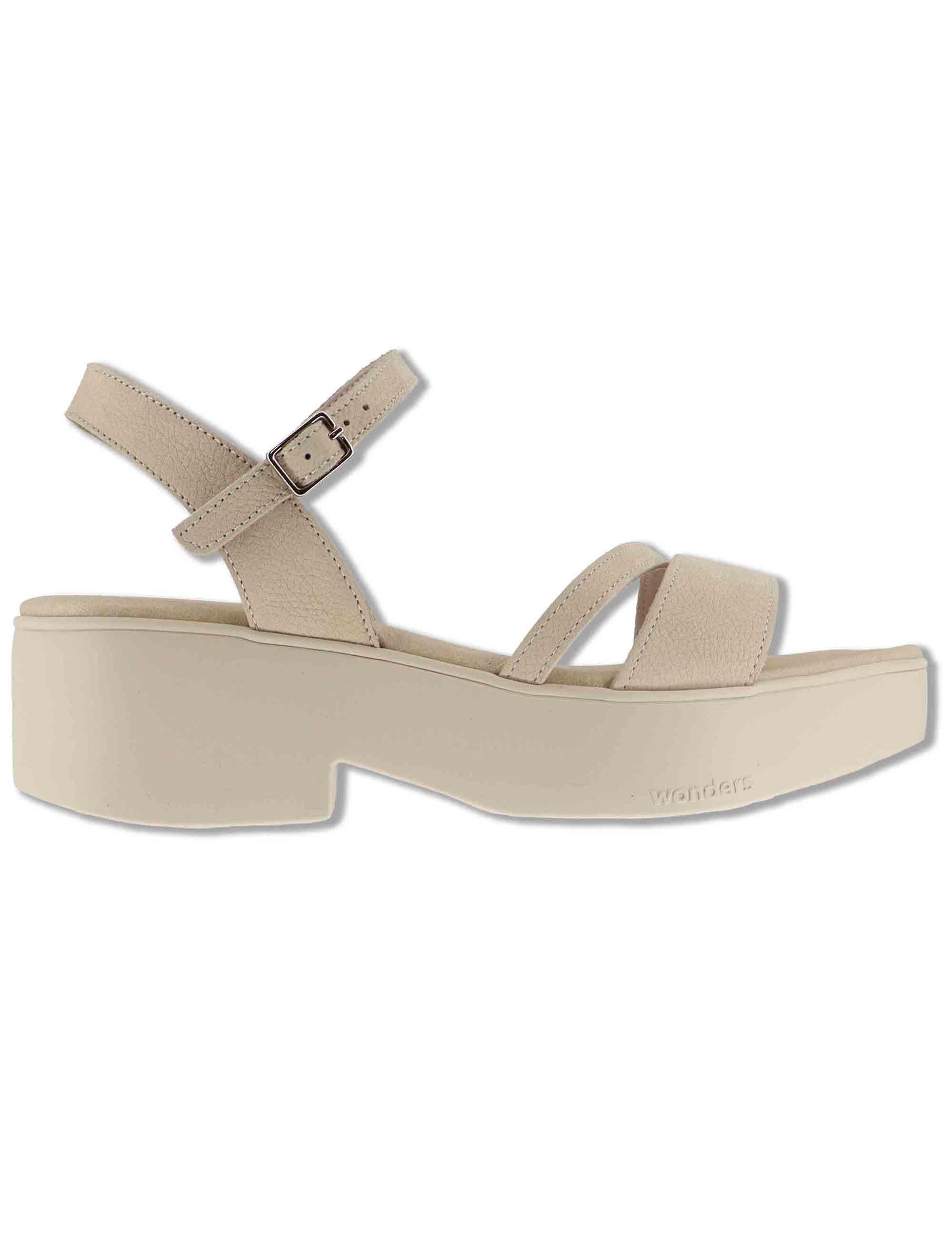 Sandali donna in pelle beige con cinturino alla caviglia e zeppa in gomma B-1001 020 Wonders 