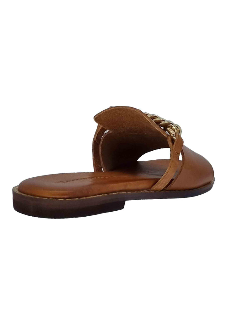 Sandali flat donna in pelle cuoio con catena oro 610 014 Tsakiris Mallas 