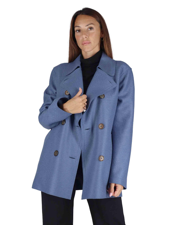 Cappotti donna Rubens in lana caleste doppiopetto con tasche pistagna 51260009 E044 Ewooluzione 