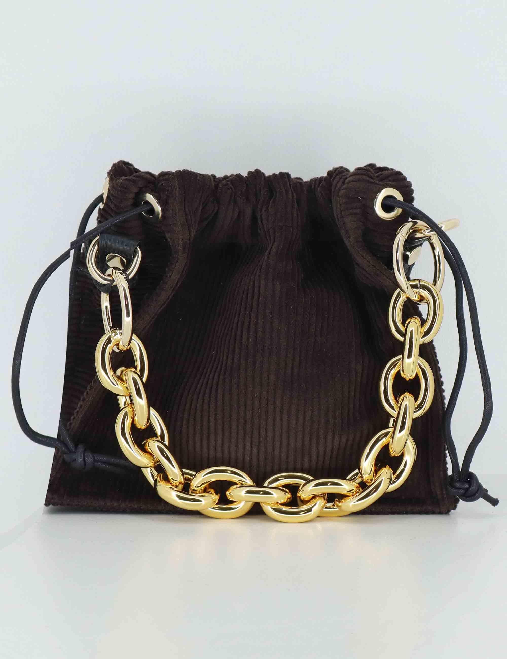 Borse donna in velluto marrone con chiusura coulisse e catena oro BON BON VELLUTO Kassiopea 