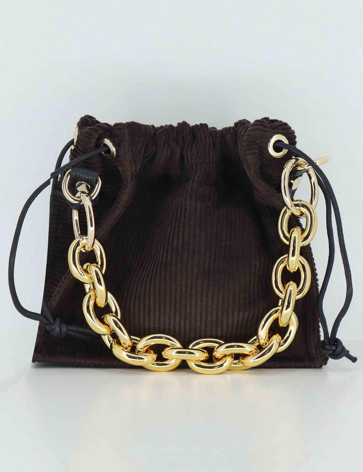 Borse donna in velluto marrone con chiusura coulisse e catena oro BON BON VELLUTO Kassiopea 