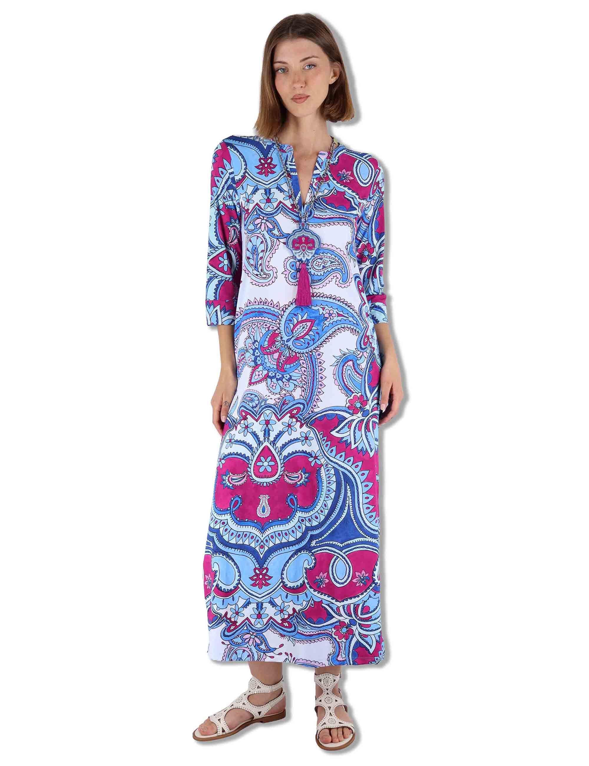 Abiti donna kaftani Hippie Lotus in tessuto azzurro a fantasia con maniche 3/4 JF667370671 A8184 Maliparmi 