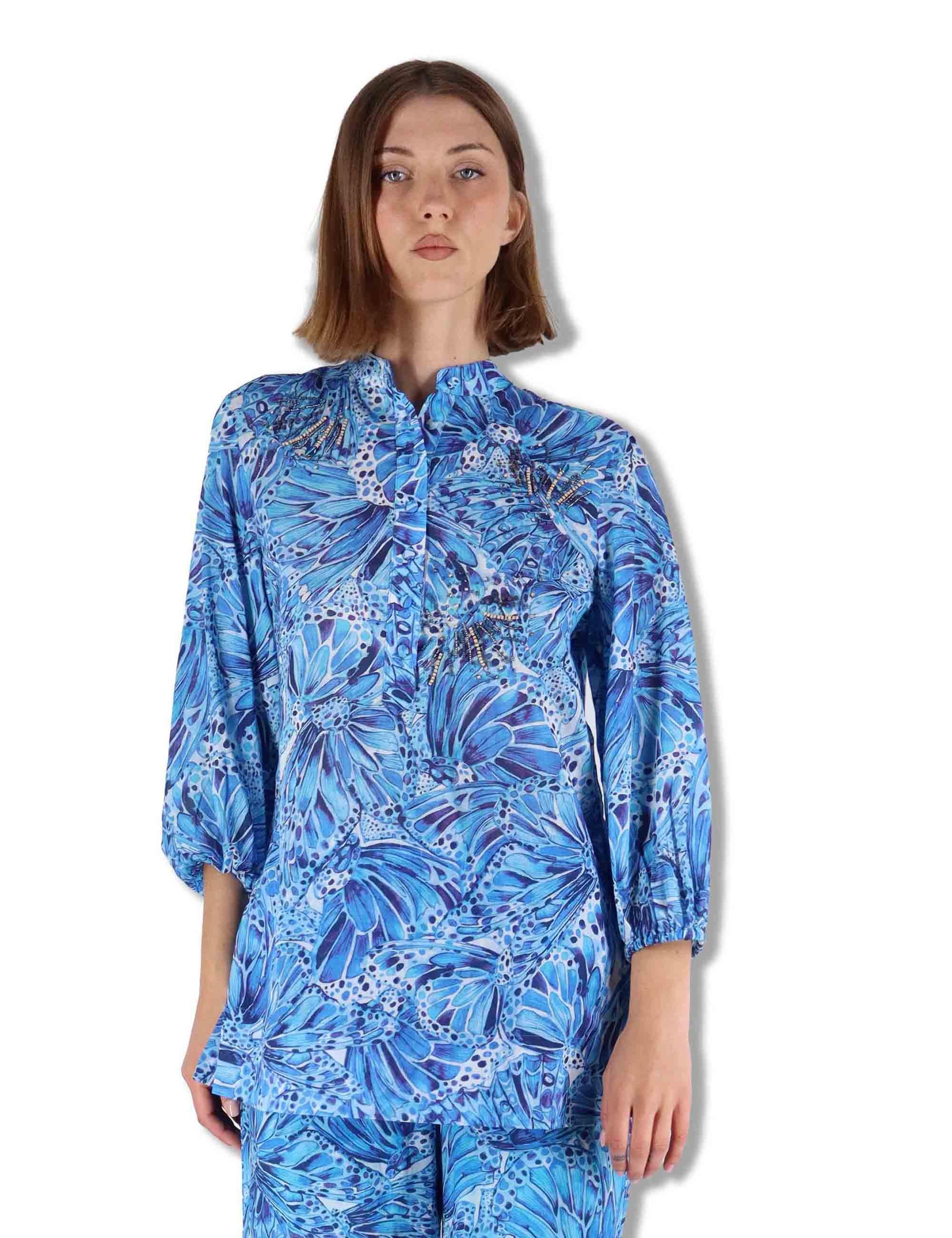 Camicie donna Sweet Butterfly in cotone stampato azzurro maniche 3/4 JM557415217 A8186 Maliparmi 