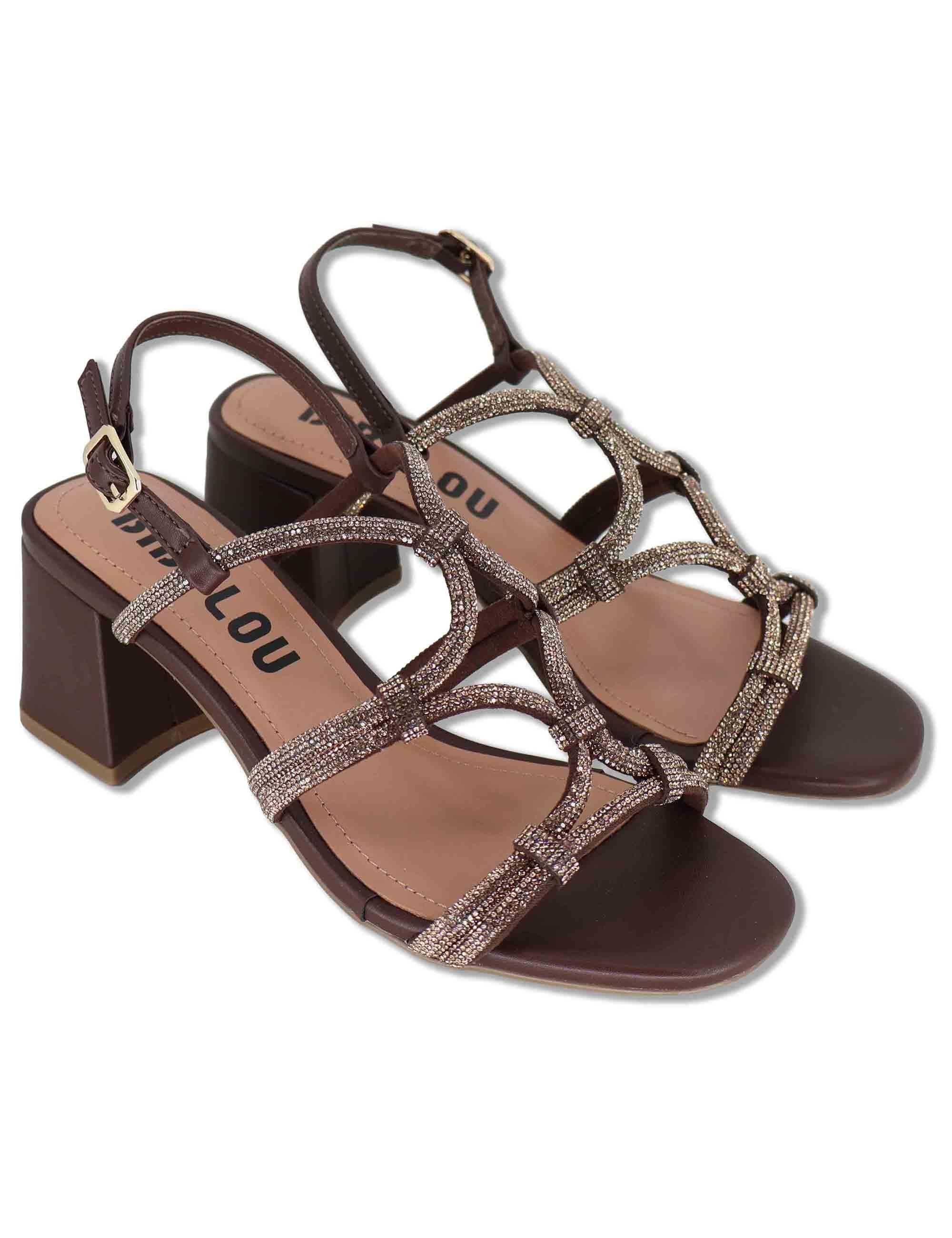 Sandali donna in pelle marrone con strass e tacco medio Quail 958Z00HG 90-MARRON Bibi Lou 