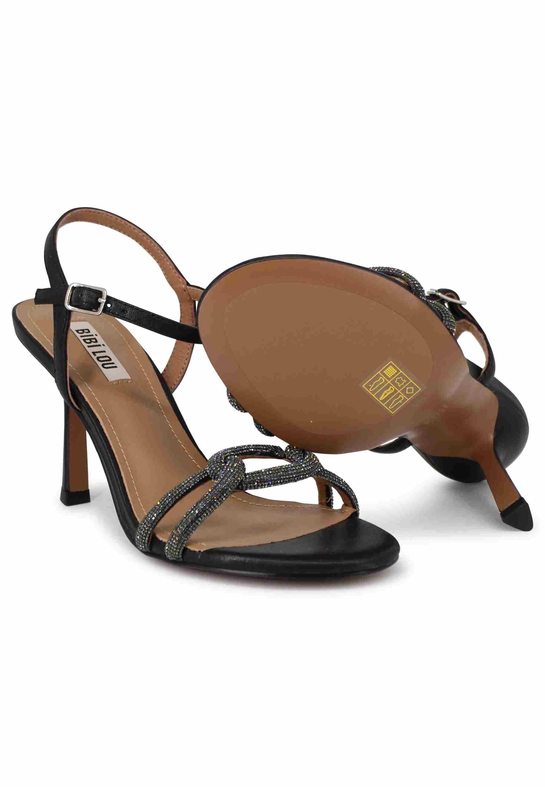 Sandali donna Katia in pelle nera tacco alto con strass e cinturino alla caviglia 599Z10VK 001 Bibi Lou 