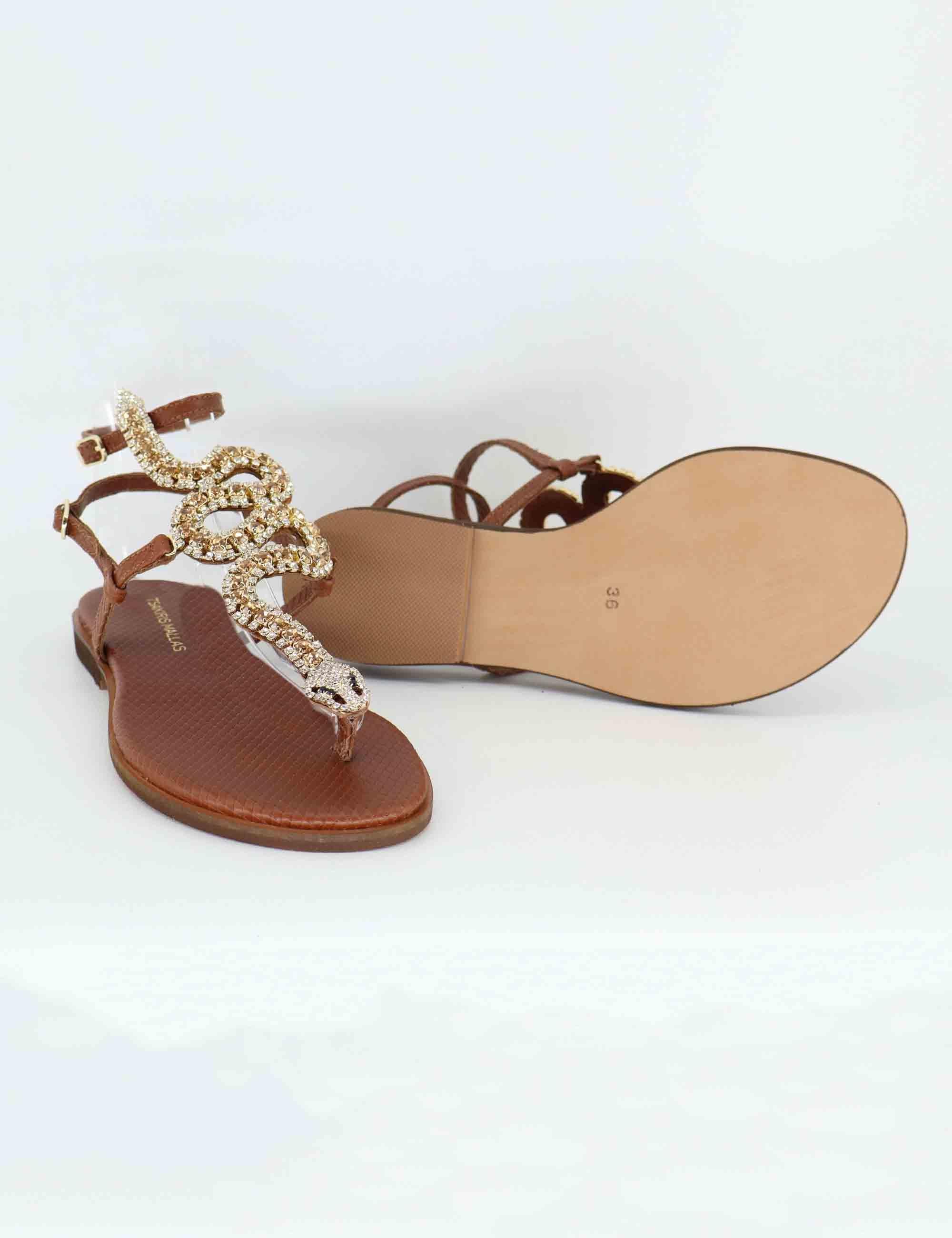 Sandali flat donna in pelle cuoio con serpente in strass U41006251362 625 Tsakiris Mallas 