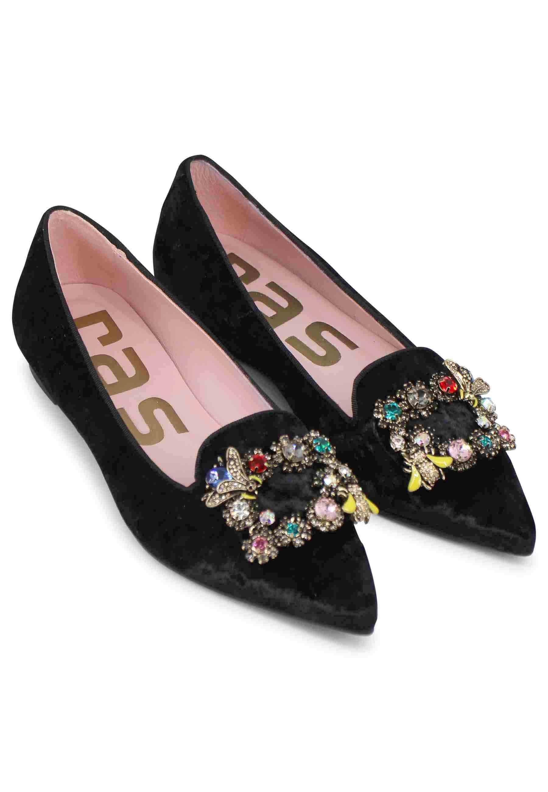 Ballerine donna a in velluto nero con fibbia gioiello 7313 001 Ras 