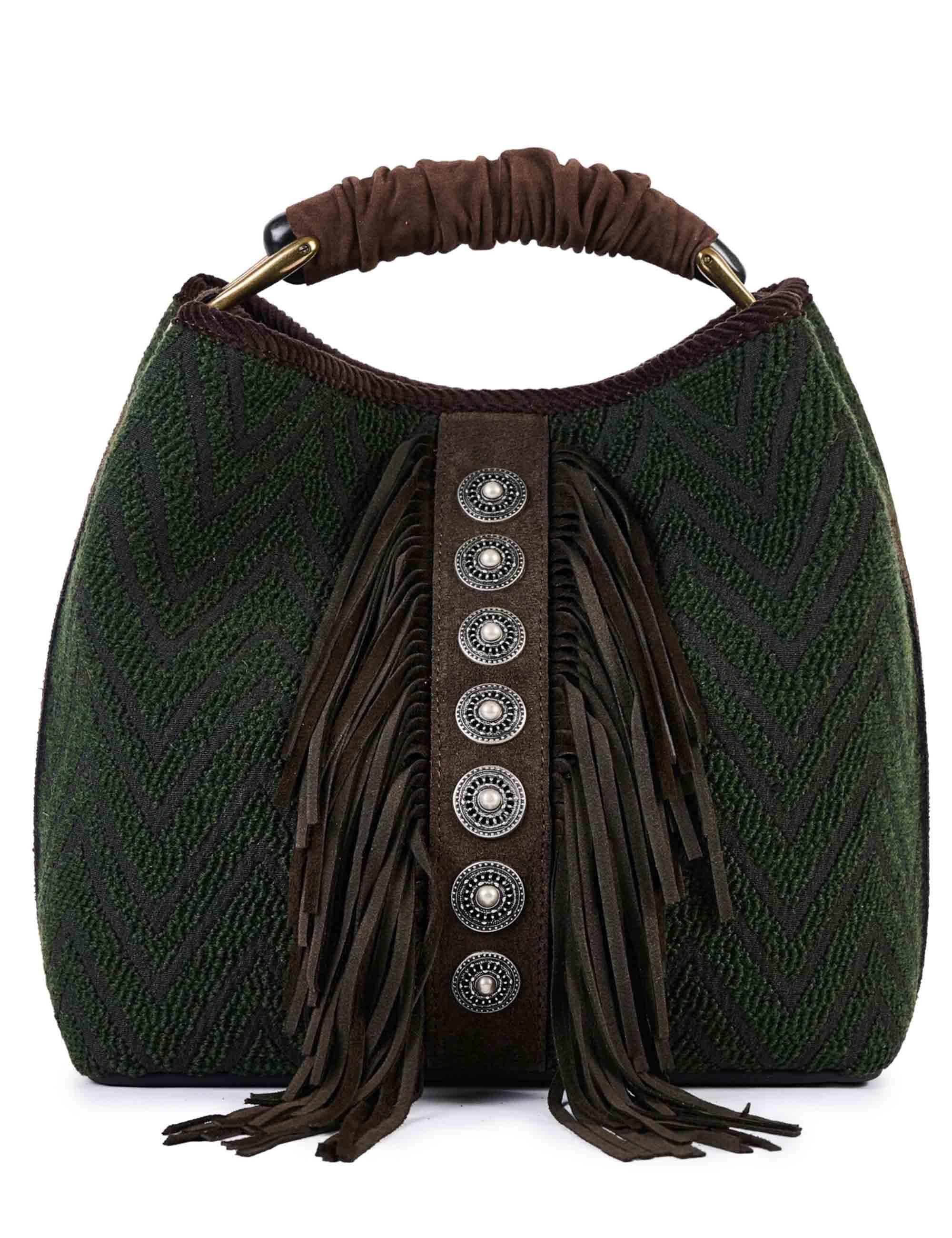 Borse donna in tessuto jacquard verde con borchie e frange CORAL Q04 Via Mail Bag 