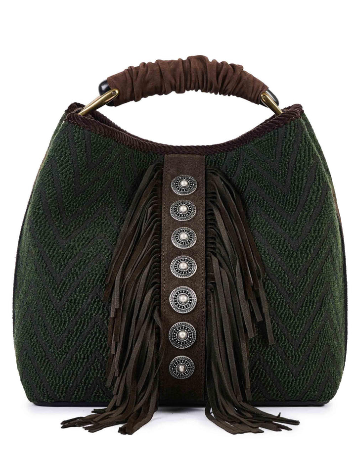 Borse donna in tessuto jacquard verde con borchie e frange CORAL Q04 Via Mail Bag 