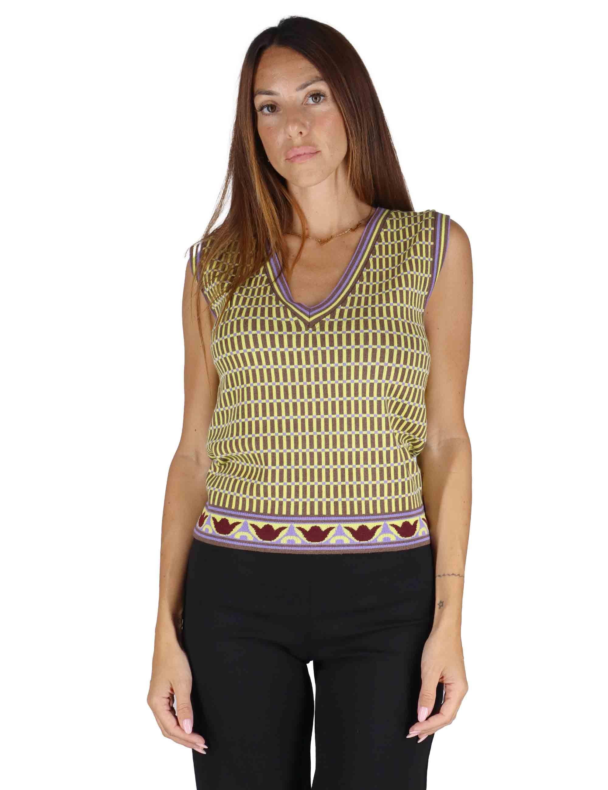 Gilet donna in tessuto naturale giallo a fantasia con scollo a V JABGI0025-G049 1220 Justmine 