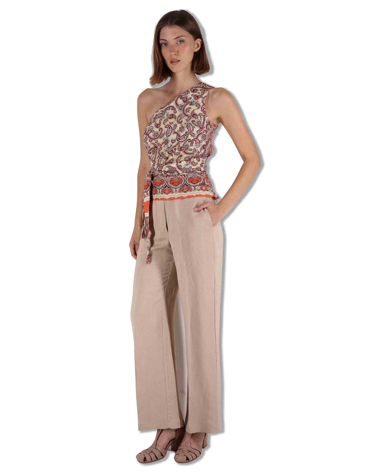 Top donna monospalla Sunset Paisley in viscosa stampata beige con frange JP555550662 B1294 Maliparmi 