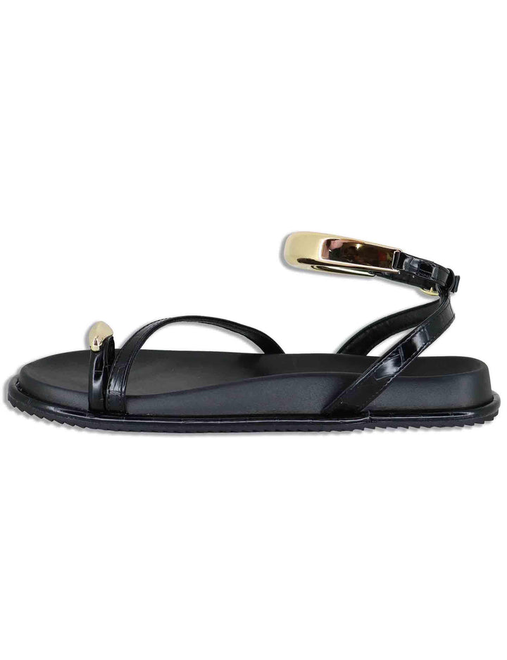 Sandali donna infradito basso in eco pelle nera con anello e bracciale W427A324 1024 Exe 