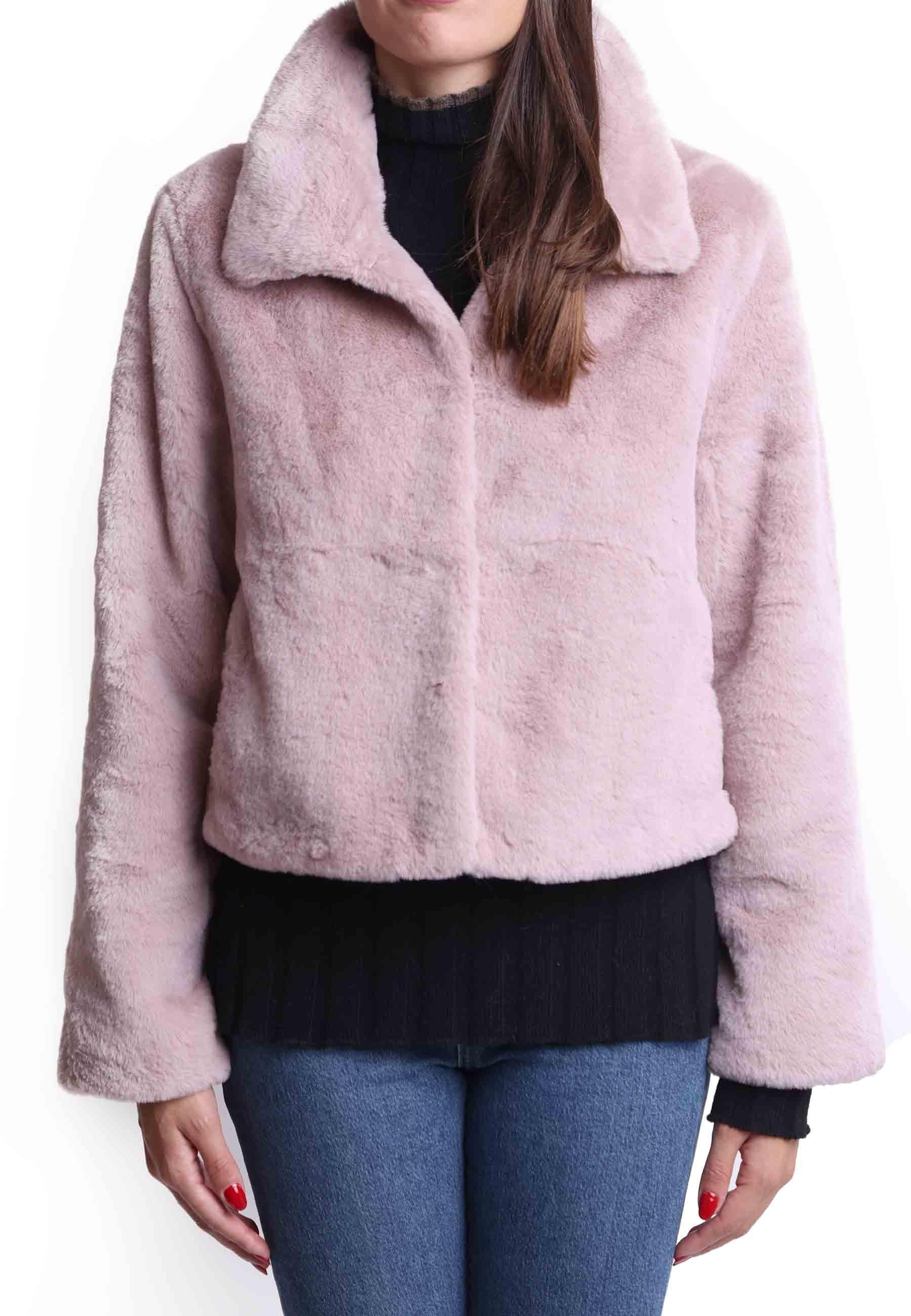 Giacche corte donna in eco fur rosa con bottoni a scomparsa SP22190 033 Spatarella 