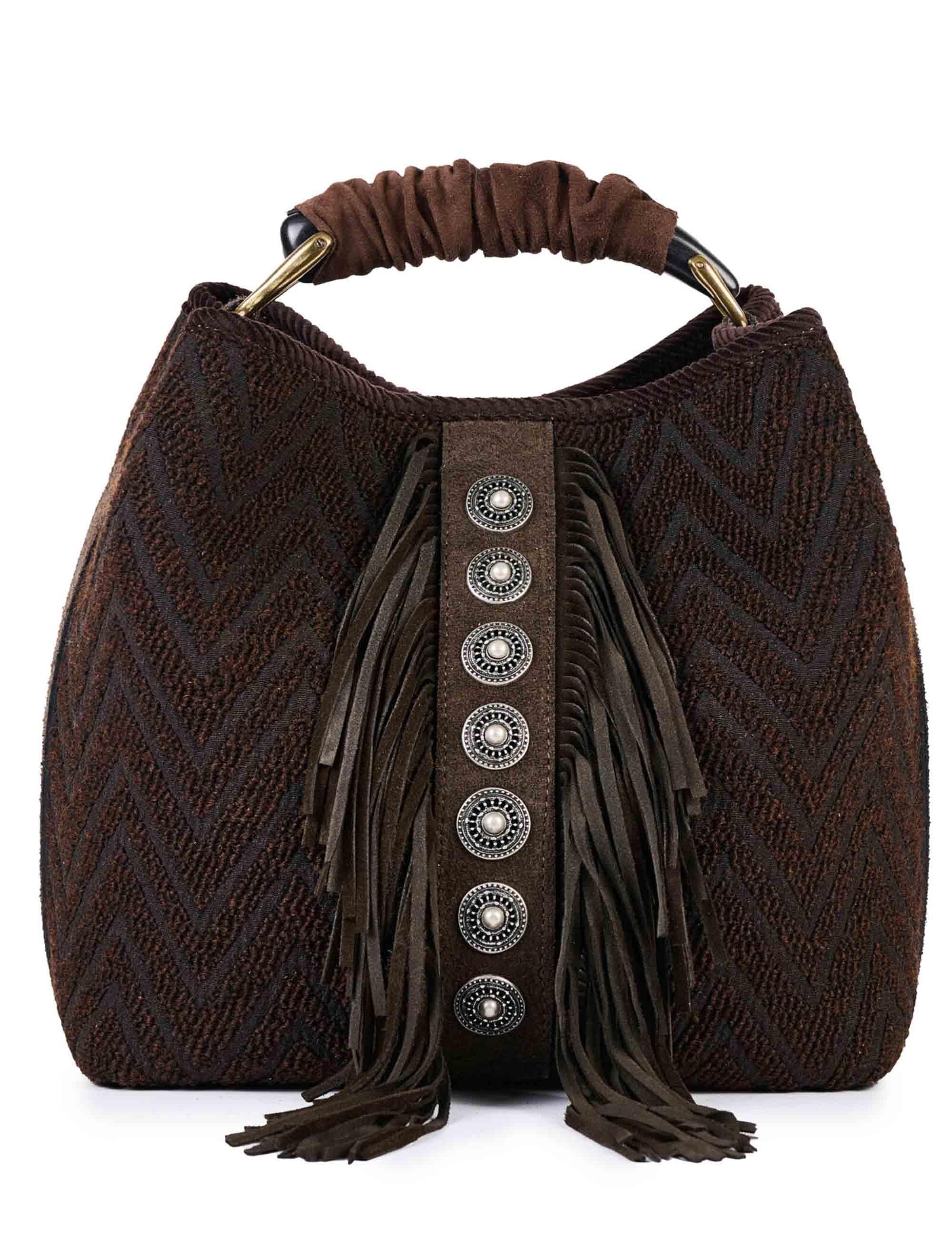 Borse donna in tessuto jacquard marrone con borchie e frange CORAL Q01 Via Mail Bag 