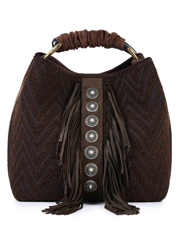 Borse donna in tessuto jacquard marrone con borchie e frange CORAL Q01 Via Mail Bag 