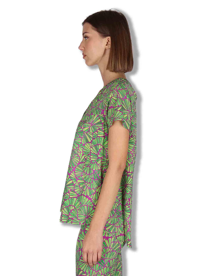 T-Shirt donna Shell in tessuto stampato viola e verde con scollo a V JK027970672 A5032 Maliparmi 