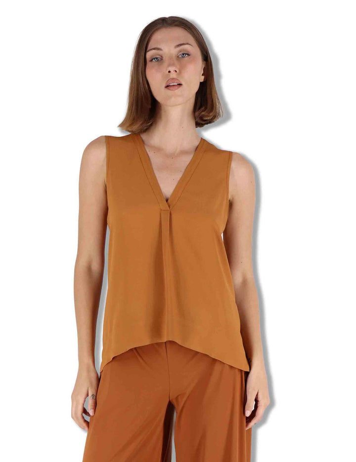 Top donna Fluid Crepe in seta ambra senza maniche maniche scollo a V JP554050672 70004 Maliparmi 