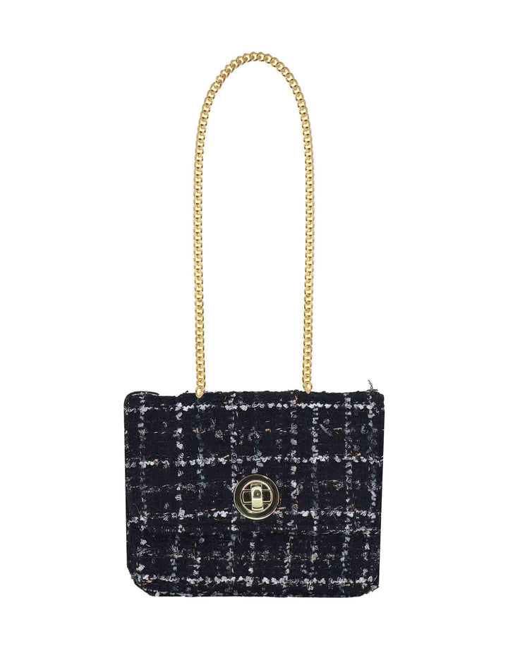 Pochette donna in tessuto decorato nero con tracolla oro URIEL SISSI Kassiopea 