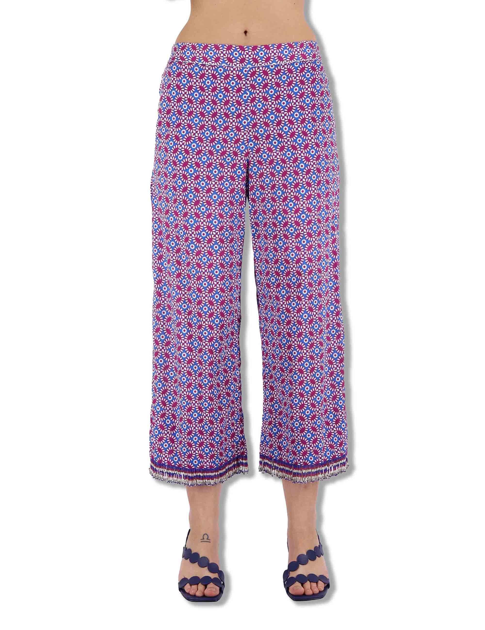 Pantaloni donna Floral Spin in cotone stampato a fantasia blu JH805815215 D8089 Maliparmi 