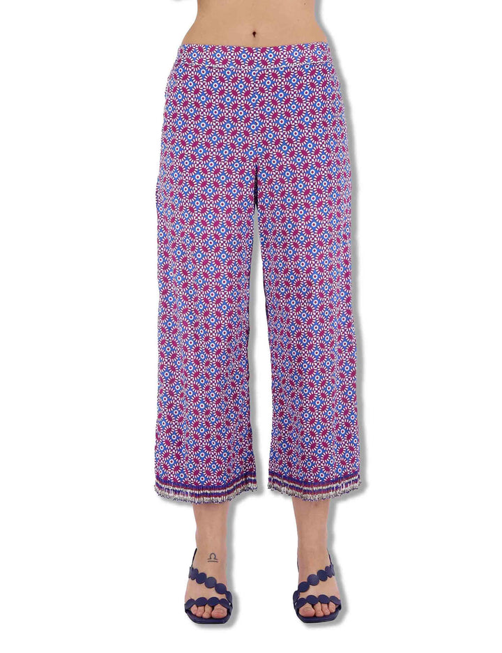 Pantaloni donna Floral Spin in cotone stampato a fantasia blu JH805815215 D8089 Maliparmi 
