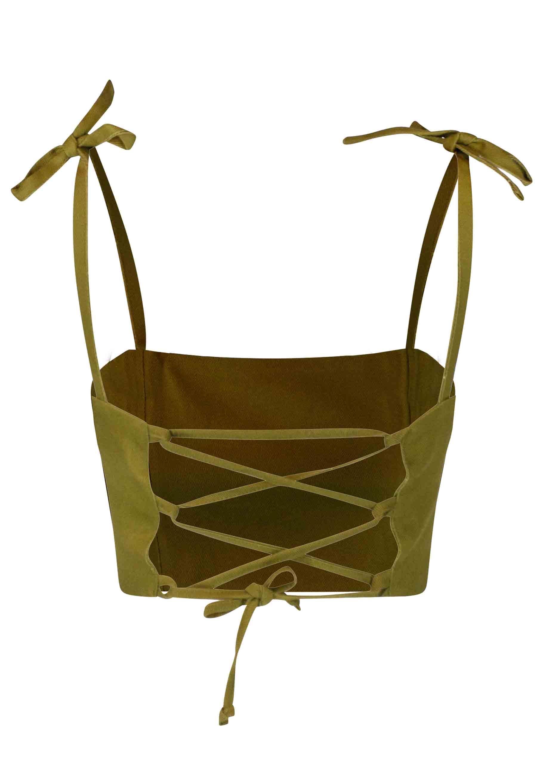 Top donna in cotone verde con bretelline e laccetti e bottoni gioiello 11447 28 Pink Memories 