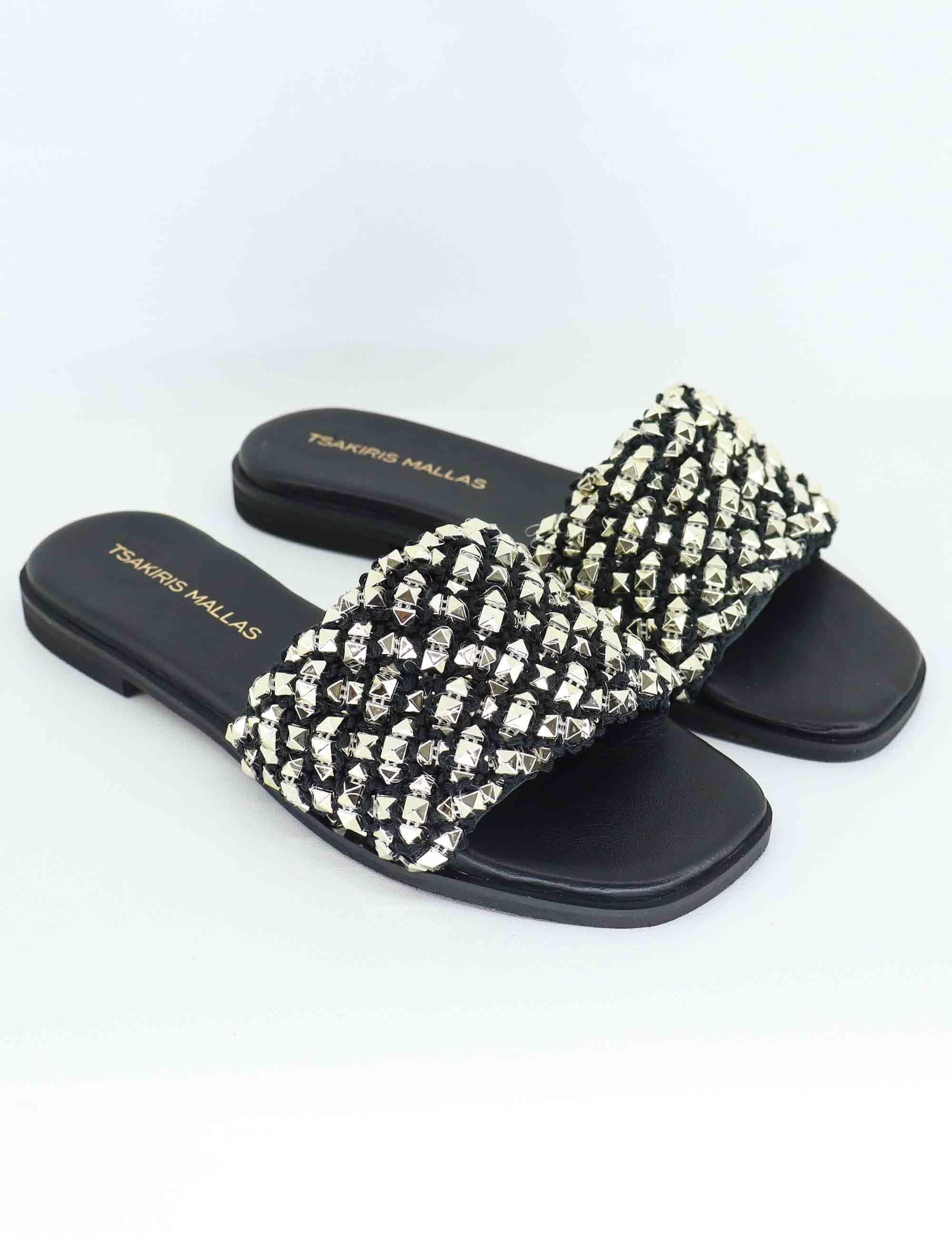 Sandali flat donna in tessuto nero con borchie argento U41009501340 950 Tsakiris Mallas 