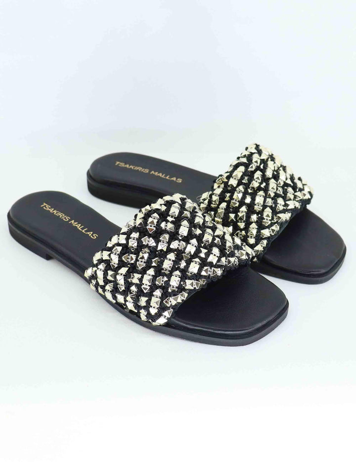 Sandali flat donna in tessuto nero con borchie argento U41009501340 950 Tsakiris Mallas 