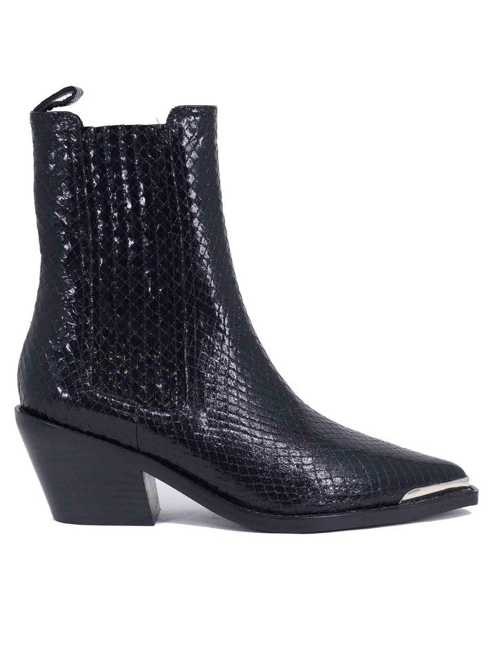 Texani donna in pelle stampata nera con puntale argento 185T49BK 03 Lola Cruz 