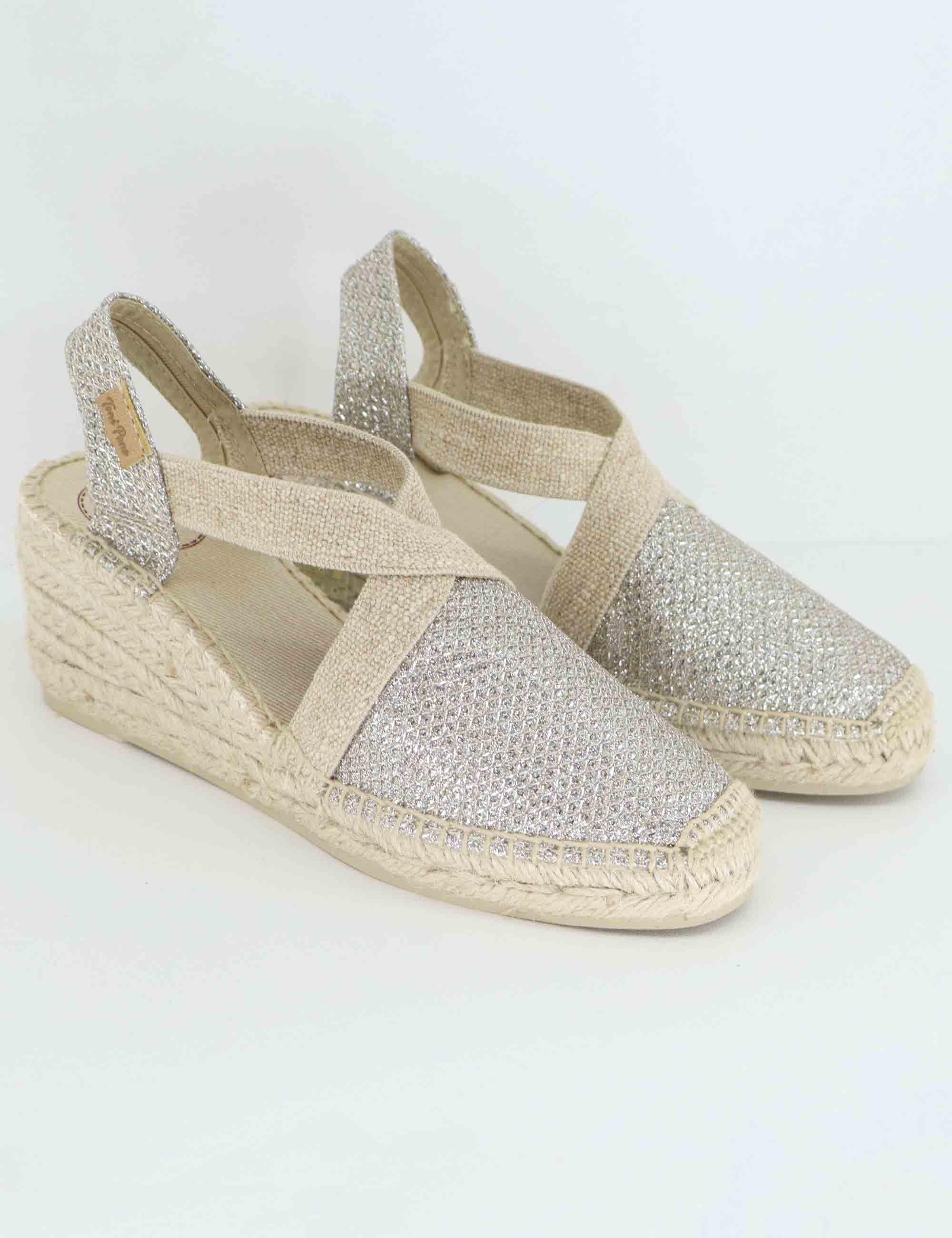 Sandali espadrillas donna in tessuto laminato argento con elastici Triton Plati Toni Pons 