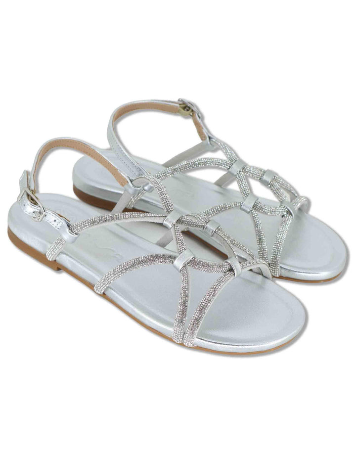 Sandali bassi donna in pelle e strass argento con tacco basso COOPER LMT SILVER Unisa 