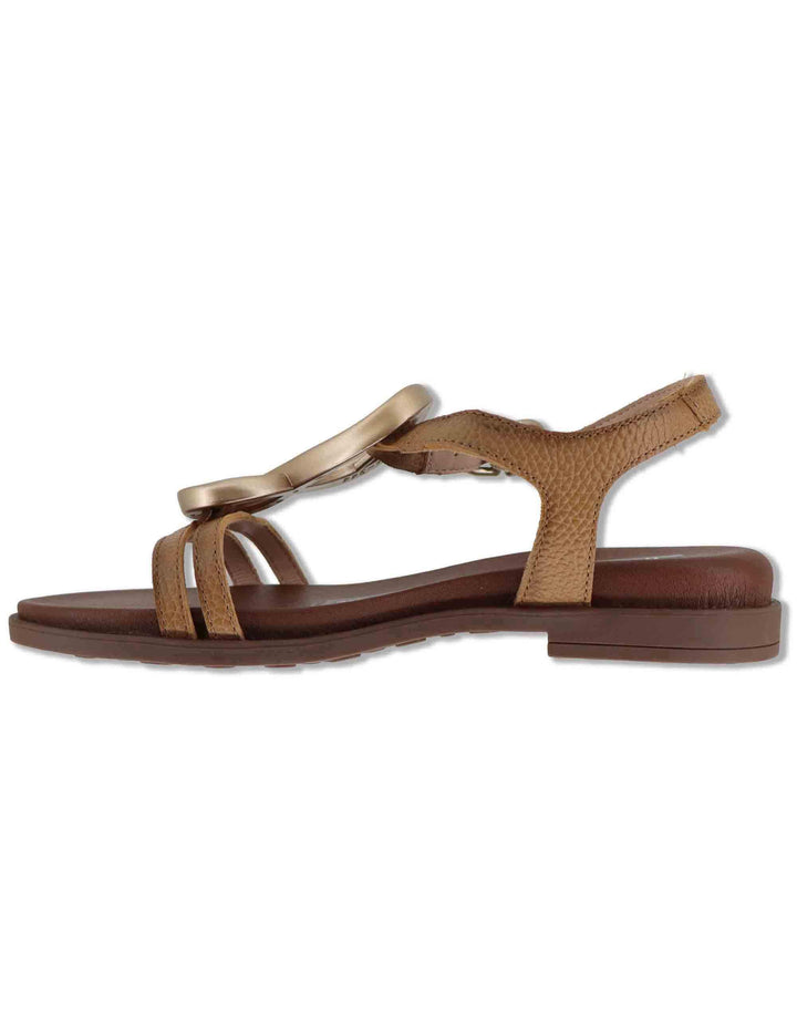 Sandali flat donna in pelle cuoio con cinturino e accessorio brunito HV264765 CUOIO Hispanitas 