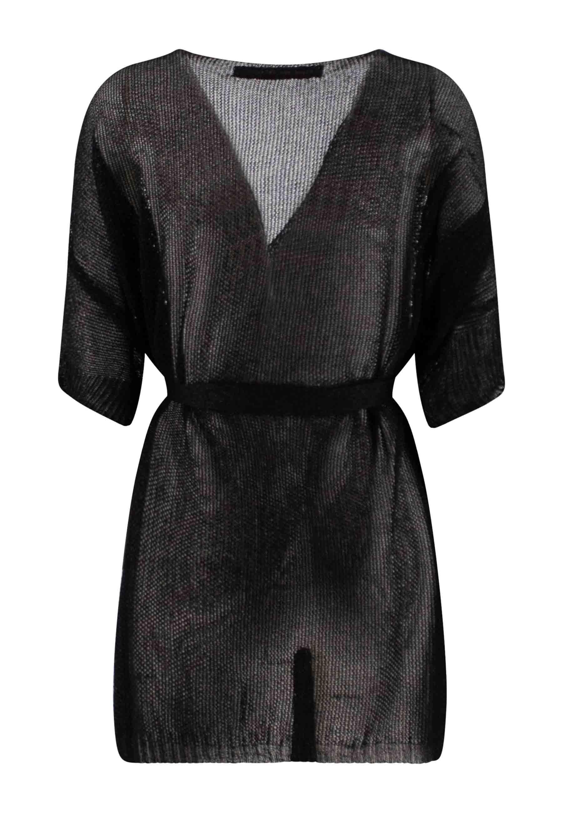 Cardigan over donna a kimono in lurex nero con cintura in tono 11434 02 Pink Memories 