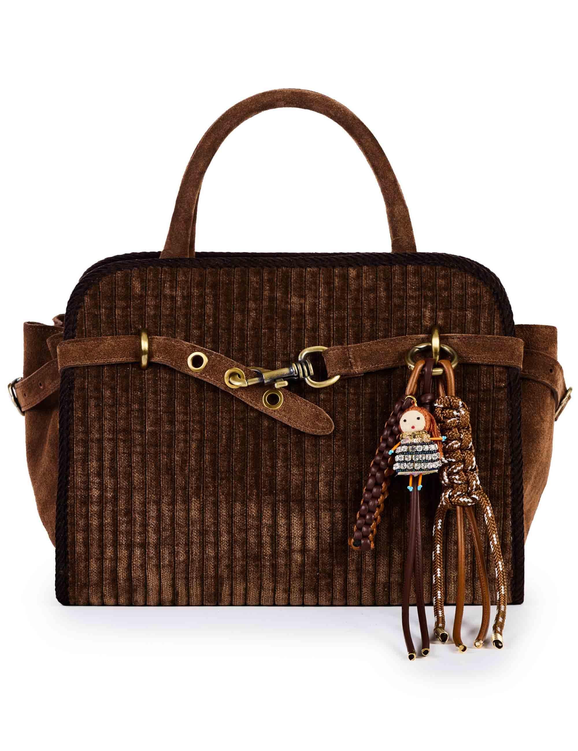 Borse donna in velluto marrone con charms doppi manici e tracolla APRIL E01 Via Mail Bag 