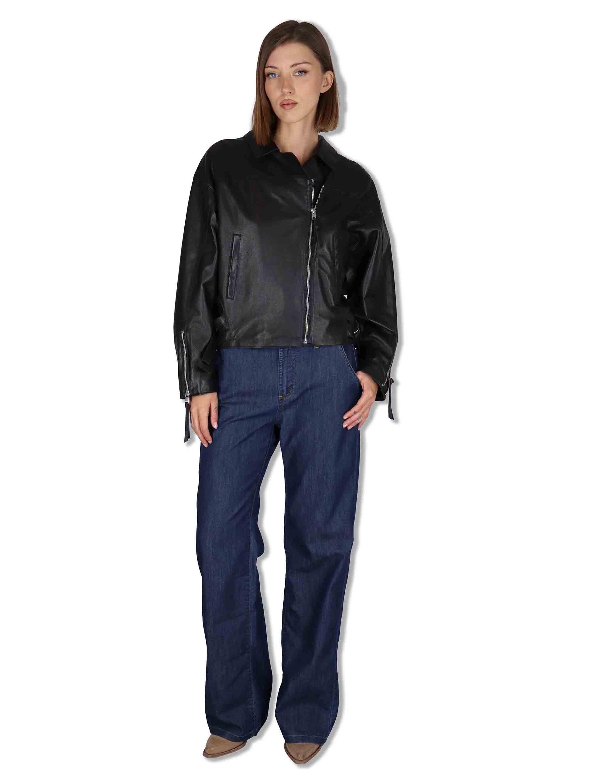 Giubbini donna chiodo in pelle nera con zip e tasche RWJ104 047 Rehard 