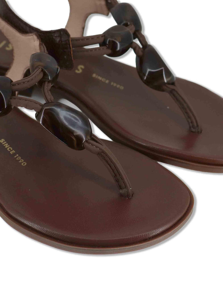 Sandali flat infradito donna in pelle cuoio con pietre e cinturino alla caviglia HV264785 AVELLANA Hispanitas 