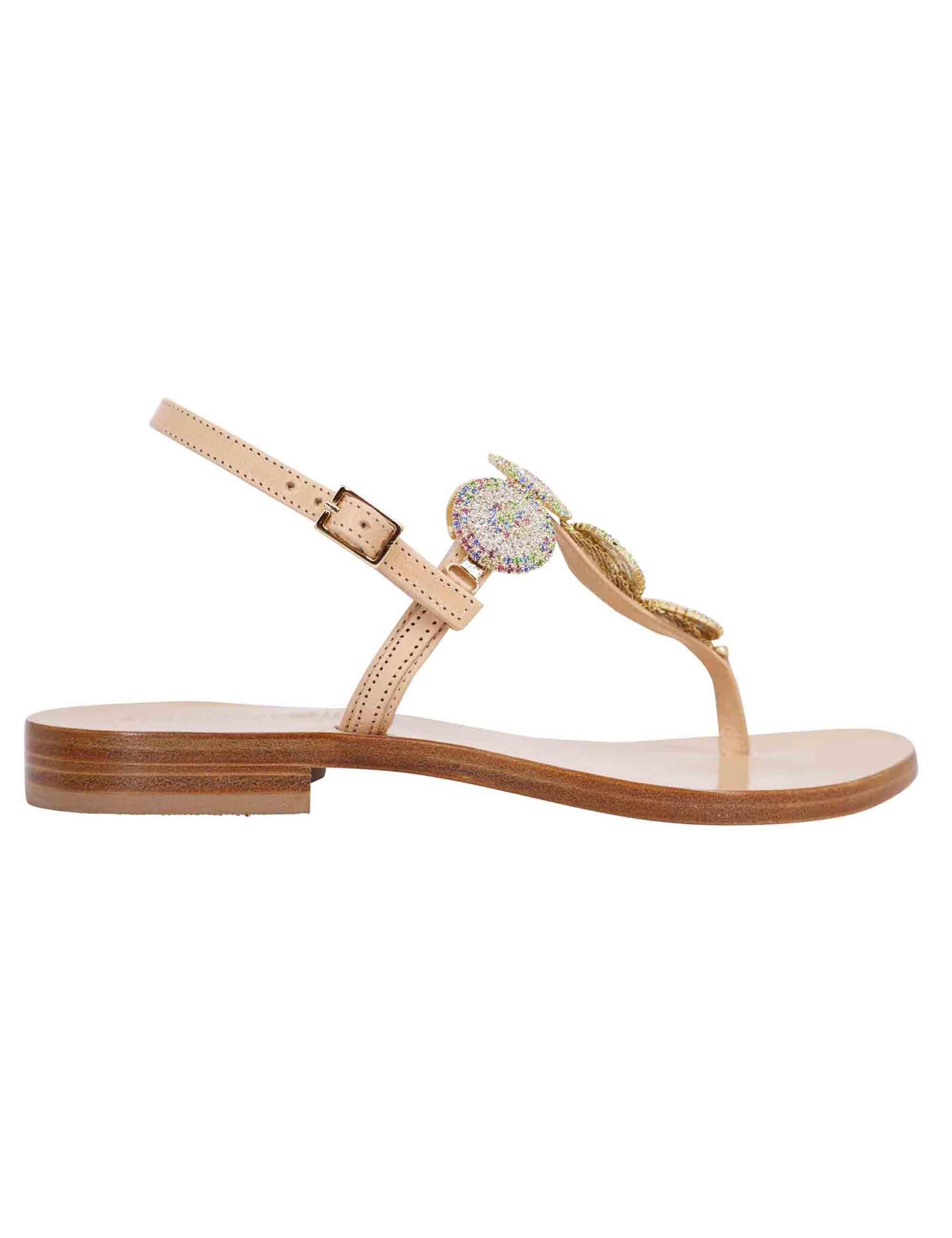 Sandali flat slingback donna in pelle naturale con gioiello e suola in cuoio SPS1056 014 Spatarella 